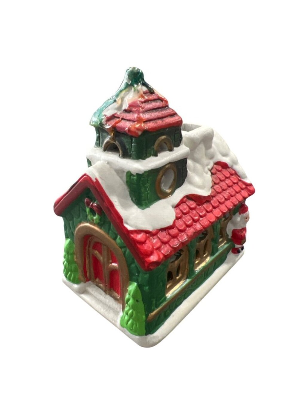 Ceramic Christmas Candle Holder Church Figurine Hand Painted Decor Snow Green